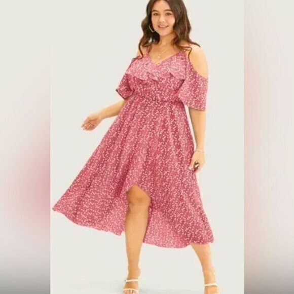NWT BloomChic Women’s Cold Shoulder Ruffle Red Dress Ditsy Floral - Size 10 - Picture 1 of 7